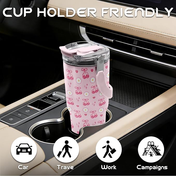 20oz Cherry Tumblers - Pink Cherry Tumbler with Straw Handle, Leak-proof, BPA-free, Double Wall Insulated, Pink Gifts Cup for Girls, Insulated Coffee Tumbler Bows Stainless Steel Cup for Women Kids - Image 4