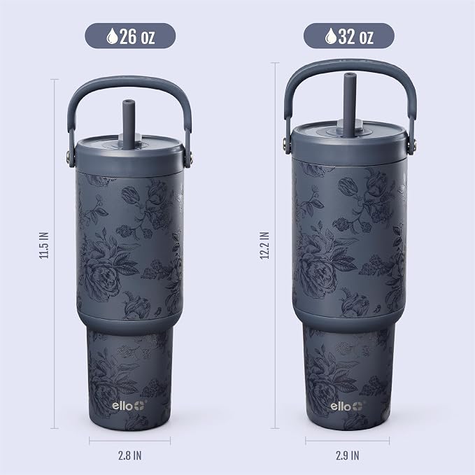 Ello Oasis Go+ 32oz Tumbler with Top Handle and Retracting Straw | Reusable Insulated Stainless Cup, 100% Leakproof Water Bottle, 24 Hours Cold, Cup Holder Friendly For Travel | Porcelain Rose Navy - Image 7