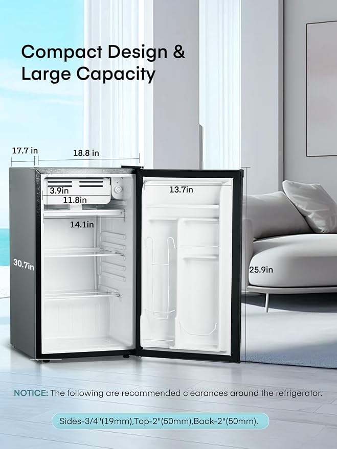 FOHERE 3.2 Cu. Ft Mini Fridge with Freezer, Single Door Compact Refrigerator, Small Fridge with 7 Adjustable Thermostat for Dorm, Bedroom, Office, Reversible Door, Energy Saving, Low Noise, Silver - Image 7