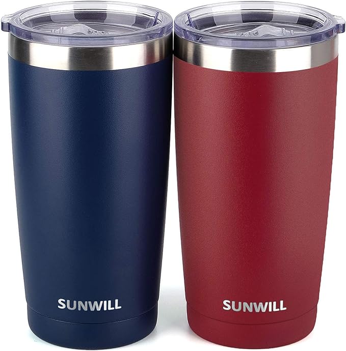 SUNWILL Travel Coffee Mug with Lid, 20 oz Tumbler Set of 2, Insulated Stainless Steel Cup for Water, Tea, Powder Coated Wine & Navy by SUNWILL