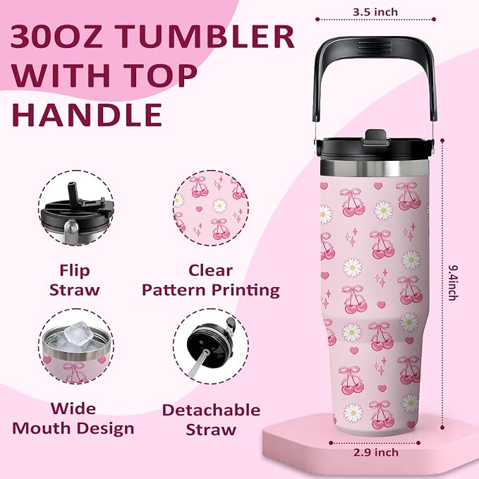 Pink Cherry Tumbler 30oz with Handle - Stainless Steel Insulated Cup, Leakproof Water Bottle with Cherry Design for Women & Girls, Perfect Birthday Christmas Gift - Image 2