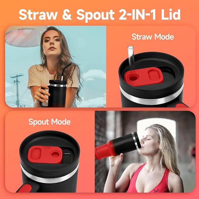 40oz Tumbler with Handle and Straw Spout 2-in-1 Lid, Spill Leak Proof Insulated Travel Cup Traveler Water Mug Keep Cold Hot, Dishwasher Safe Stainless Steel Bottle Gifts for Women Men, Black Red - Image 4