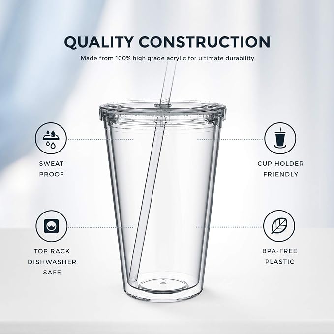 Maars Classic Clear Tumbler with Lid and Straw | 16oz Premium Acrylic, Insulated Double Wall Plastic Reusable Cups, BPA-Free To Go Cups for Ice Coffee, Fruit Teas & Water - Image 5