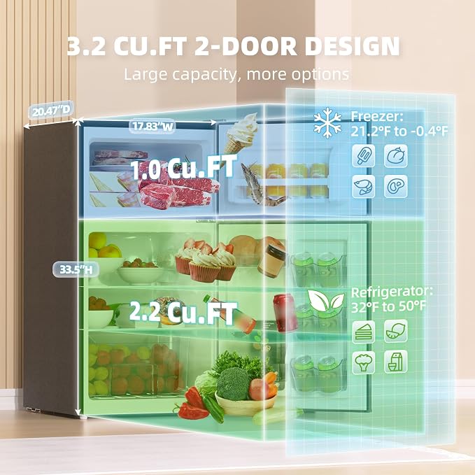 Mini Fridge with Freezer 3.2 Cu.Ft. 2 Door Refrigerator and Freezer Small Fridge for Bedroom Home Office Dorm, Small Drink Chiller, 37 dB Low Noise, Black - Image 2