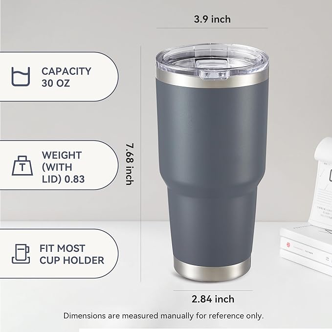 30 oz Tumbler with Lid Stainless Steel Tumblers Vacuum Insulated Cup Reusable Powder Coated Travel Mug Double Wall Leak Proof Portable Cups Keep Cold Drinks for 12 Hours, Gray, 1 Pack - Image 4
