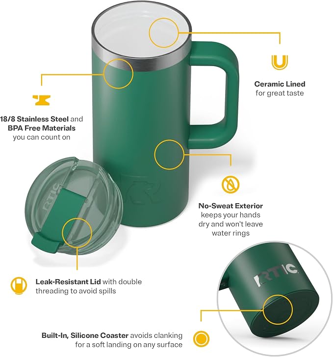 RTIC 16oz Road Trip Travel Mug with Lid and Handle, Ceramic Lined, Insulated, Stainless Steel, Metal, Double Wall Vacuum-Insulation, Portable Coffee, Tea Cup for Hot and Cold Drink, Pine Tree - Image 4