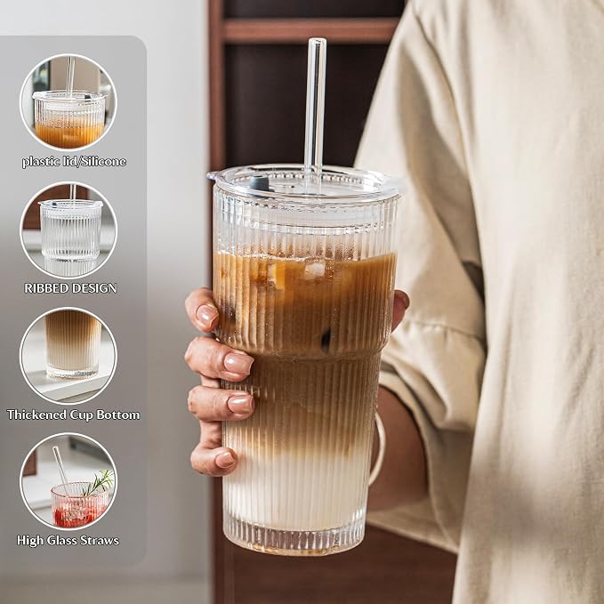 INSETLAN 8-Piece Glassware Set – 20 oz Ribbed Glass Tumblers with Lids and Glass Straws, Heavy-Duty Tumblers, Ideal for Iced Coffee, Smoothies, Cocktails, and Juices – Elegant and Durable Drinkware - Image 4
