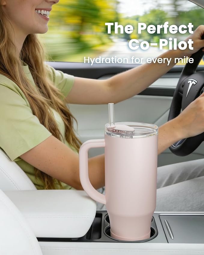 Renoj Insulated Mug 100% Spill Resistant Insulated Water Bottle for Iced Coffee & Hot Drinks - Fits Car Cup Holder, Ideal Gift, 2 Straws & Silicone Boot - FlexSlide Light Pink 40 oz - Image 2