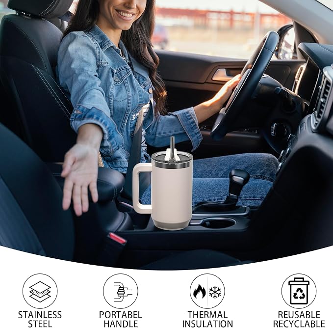 30 oz Tumbler with Handle,Tumbler with Lid and Straw,Double Wall Insulated Cup Stainless Steel Travel Mug(Cold for 34 Hours),Water Bottle for Iced Tea,Coffee,Cold Beverages(Ivory Beige) - Image 6