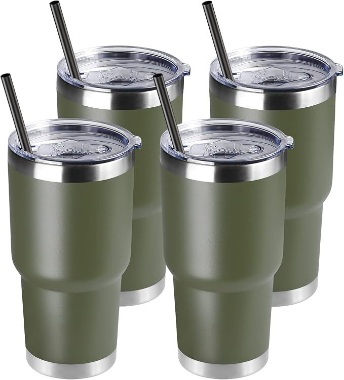 DOMICARE 30 oz Tumbler with Lid and Straw, Stainless Steel Tumblers Bulk, Insulated Vacuum Double Wall Travel Coffee Mug, Durable Powder Coated Tumbler Cups (Army Green, 4) by VisittheDOMICARE