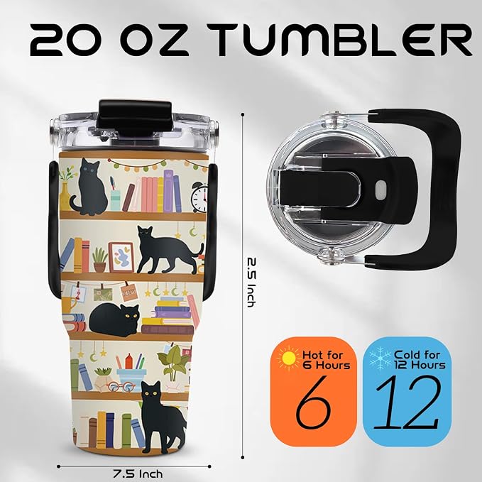 20oz Cats Tumblers - Black Cat Tumbler with Straw Handle, Leak-proof, BPA-free, Double Wall Insulated, Cat Gifts for Cat Lover, Insulated Coffee Tumbler Book Stainless Steel Cup for Kids School - Image 2