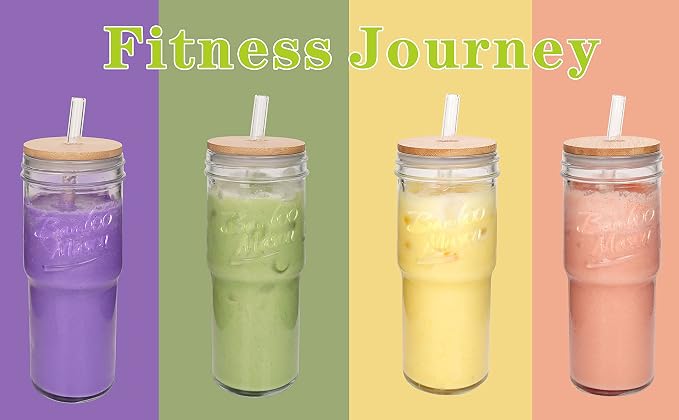 ANOTION Glass Cups with Lids and Straws 2 Packs, 24oz Travel Coffee Mug Wide Mouth Bamboo Mason Jar Iced Coffee Cup Smoothie Cup Glass Tumbler Tea Cup Clear Cute Water Cups Drinking Jars Glasses - Image 6