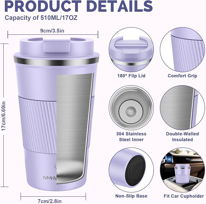 MOMSIV 17oz Travel Mug, Insulated Coffee Cup with Leakproof Lid, Travel Coffee Mug Vacuum Stainless Steel Double Walled Reusable Coffee Cup for Hot and Cold Water Coffee - Image 2