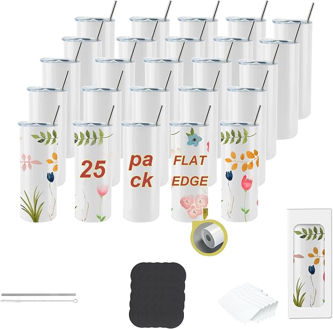 25pack 20oz flat edge sublimation tumblers ，White skinny insulated Sublimation tumbler Straight Cups with Individual Gift Box, Silicone Bottom Polymer Coating for Heat Transfer （25pack 20oz） by Unknown