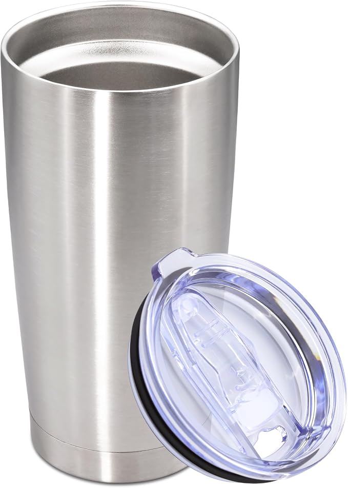 20oz Tumbler Stainless Steel Tumbler Cup with Lid Vacuum Insulated Double Wall Travel Mug, Durable Powder Coated Travel Coffee Tumbler Mug for Hot & Cold Drinks, Stainless Steel,1 Pack by AUWBON