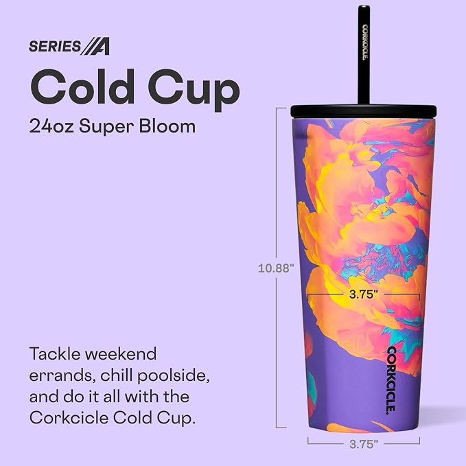 Corkcicle Cold Cup Insulated Tumbler with Straw - Keeps Drinks Cold for 12 Hours - Triple-Insulated Stainless Steel - Leak-Resistant Lid - Summer Drinkware Gift - 24 oz - Super Bloom - Image 2