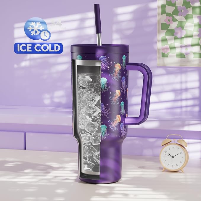Meoky 40 oz Tumbler with Handle and Straw: Glow in the Dark Tumbler with Lid and Straw - Stainless Steel Insulated Tumbler for Car Cup Holders - Travelers Commuters Workers, Jellyfish - Image 2