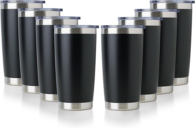 DOMICARE 20oz Stainless Steel Tumbler Bulk with Lid, Double Wall Vacuum Insulated Travel Mug, Powder Coated Coffee Cup, Powder Black, 8 Pack by VisittheDOMICARE