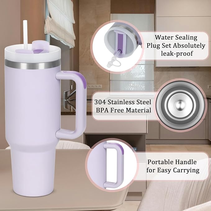 4 Pack 40 Oz Tumbler with Handle Bulk, Double Wall Vacuum Insulated Stainless Steel Tumbler with Lid and Straw, 40 oz cup with Silicone Spill Proof Stopper Set (Cream,Purple,Dark Green,Rose Quartz) - Image 5