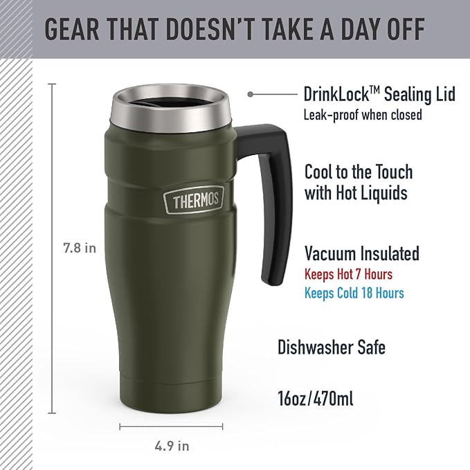 THERMOS Stainless King Vacuum-Insulated Travel Mug with Handle - 16oz, Army Green - Thermos Tumbler for Hot & Cold Drinks - Leak-Proof & Sweat-Proof Stainless Steel Coffee Mug with Lid for Commuting - Image 2