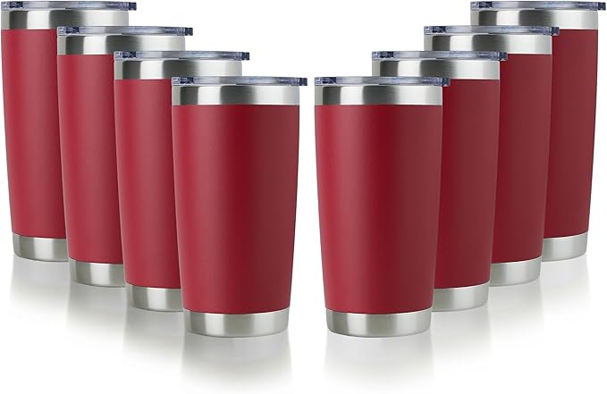 DOMICARE 20oz Stainless Steel Tumbler Bulk with Lid, Double Wall Vacuum Insulated Travel Mug, Powder Coated Coffee Cup, Powder Red, 8 Pack by VisittheDOMICARE