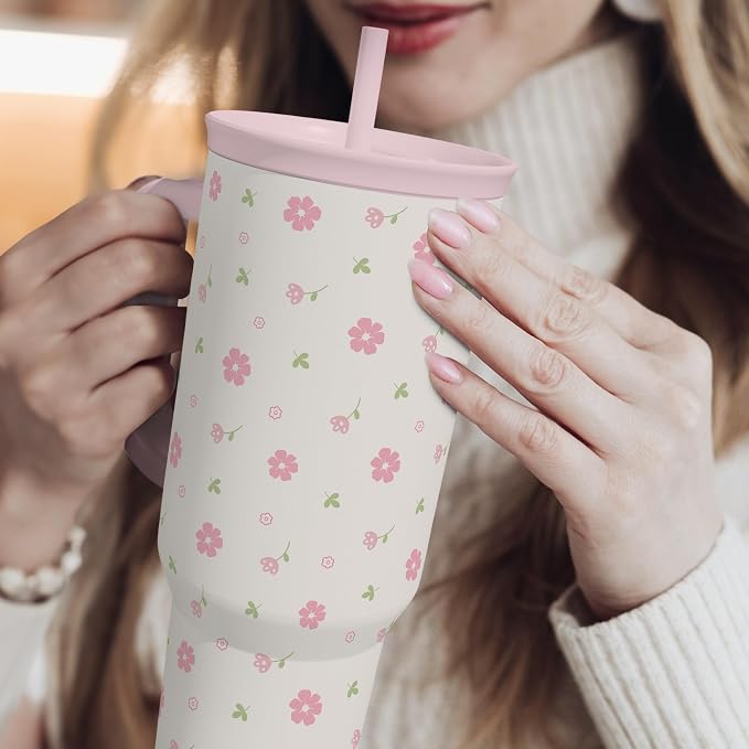 Floral 40oz Tumbler with Handle and Straw – Flowers Insulated Stainless Steel Travel Coffee Mug for Women Girls - Gift Idea for Birthday Christmas Mothers Day - Image 7