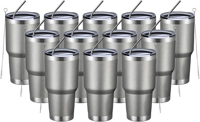 MEWAY 30oz Insulated Tumbler With Lids and Straws,Stainless Steel Double Vacuum Coffee Tumbler Cup, Brush, Durable Powder Coated Coffee Cup for Cold & Hot Drinks, Office, Travel(Cold Grey,12 PACK) by MEWAY