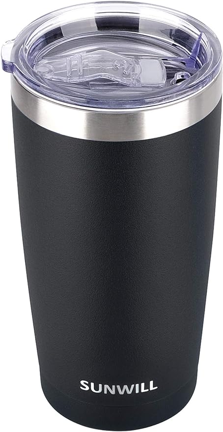 SUNWILL Travel Coffee Tumbler 20 oz, Insulated Mug with Lid, Stainless Steel Cup for Outdoor, Powder Coated Black by SUNWILL