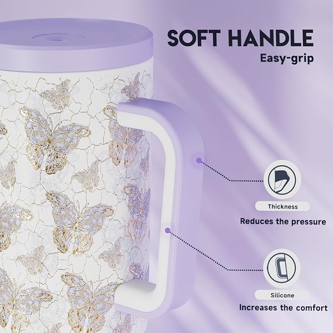 Meoky 40 oz Tumbler with Handle and Straw: Stainless Steel Insulated Tumbler with Lid and Straw - 100% Leak Proof Tumbler for Car Cup Holders - Travelers Commuters Workers, Gold Butterfly - Image 6