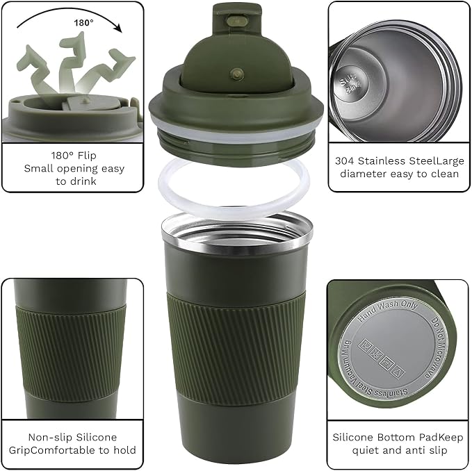 YINBAOGE Insulated Travel Coffee Mug, Spill & Leak Proof, Portable To Go Camping Stainless Steel Coffee Tumbler, Reusable Thermal Coffee Cup with Lid for Hot & Cold Drinks (Green, 12 OZ) - Image 2