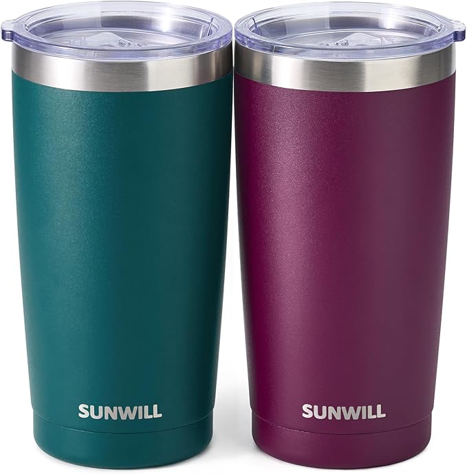 SUNWILL Travel Coffee Mug with Lid, 20 oz Tumbler Set of 2, Insulated Stainless Steel Cup for Drinks， Water, Tea, Powder Coated Forest Green & Plum by SUNWILL