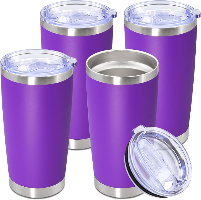 20oz Tumbler Stainless Steel Tumbler Cup with Lid Vacuum Insulated Double Wall Travel Mug, Durable Powder Coated Travel Coffee Tumbler Mug for Hot & Cold Drinks, Purple,4 Pack by AUWBON