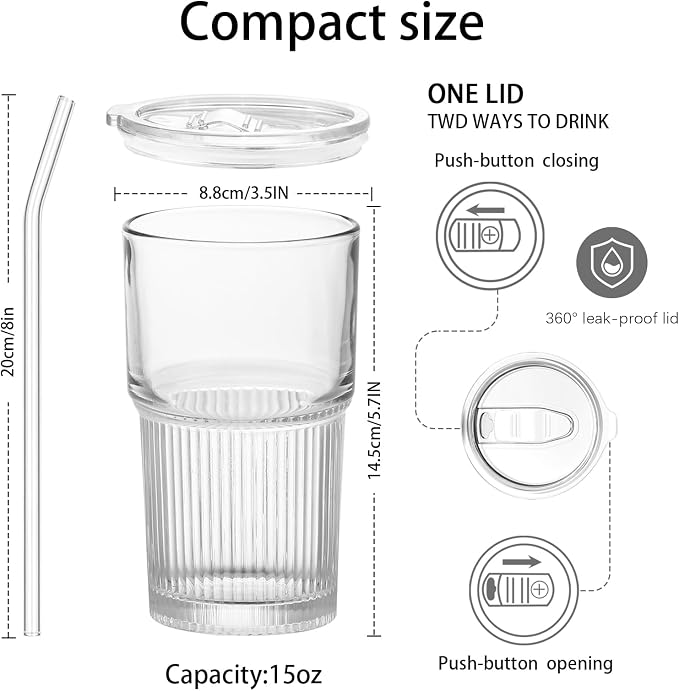 Luiaiog 18.5oz Glass Cups with Lids and Straws - Set of 4 Reusable Tumblers, Thickened Shatter-Resistant Glass, Ideal for Iced Coffee, Smoothies, Cocktails, Juices - Elegant & Durable Drinkware - Image 2