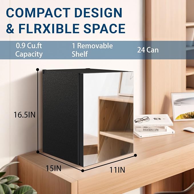 Stopasd Compact Beverage Refrigerator, 0.9 Cu.Ft/24 Can Mini Fridge with Adjustable Shelves & Mirror Door for Drink and Cosmetics,Quiet Compact Countertop Skincare Fridge for Bedroom/Office/Bar - Image 4