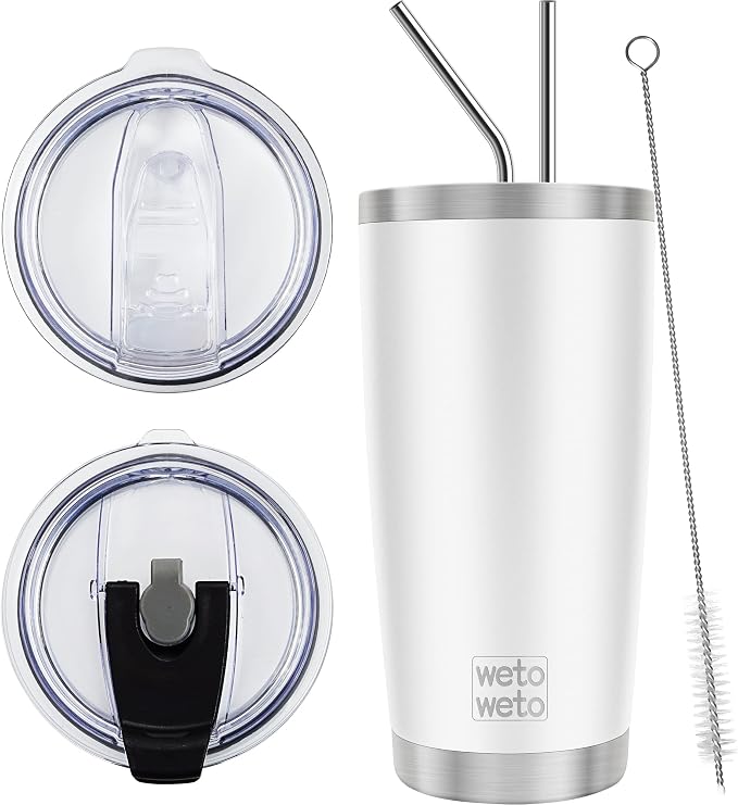 WETOWETO 20oz Tumbler with 2 lids and 2 straws, Stainless Steel Vacuum Insulated Water Coffee Tumbler Cup, Double Wall Powder Coated Spill-Proof Travel Mug Thermal Cup (White, 1 Pack) by Wetoweto