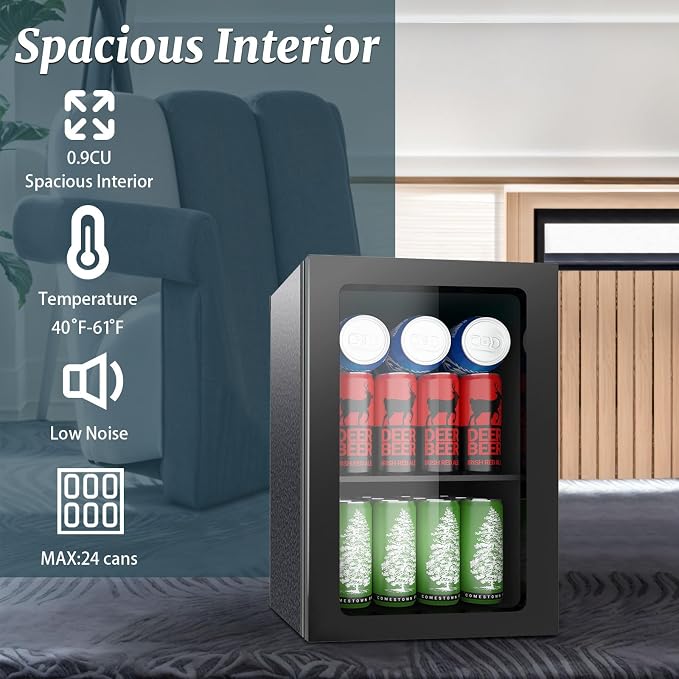24 Can Mini Beverage Fridge, 0.9 Cu.Ft Compact Drink Refrigerator with Clear Door & Adjustable Shelves, Temperature Control, Quiet Compressor Small Refrigerator for Soda, Beer or Wine - Image 5