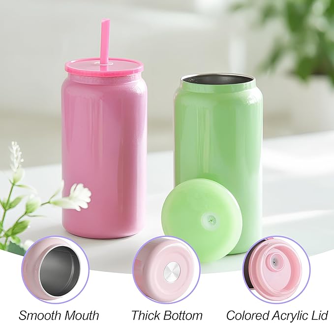 6 Pack Glass Cups with Lids and Straws Unbreakable 16 oz Stainless Steel Can Cup Double Wall Insulated Beer Can Tumbler for Iced Coffee, Juice, Soda, Iridescent-Colored - Image 6