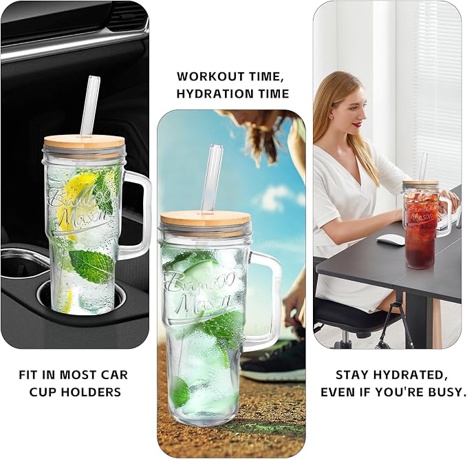ANOTION Glass Cups with Lids and Straws - 24 oz Tumbler with Handle Christmas Coffee Cups Glass Straws Mason Jar Cups Drinking Set Kitchen Essentials Coffee Bar House Warming Gifts New Home - Image 5