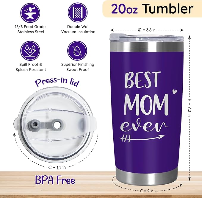 TEEZWONDER Mothers Day Gifts for Mom from Daughter Son - Best Mom Ever 20 oz Stainless Steel Insulated Coffee Tumbler with Lid - Birthday Gifts for Moms, Mama Gift for Mother in Law Stepmom - Image 3