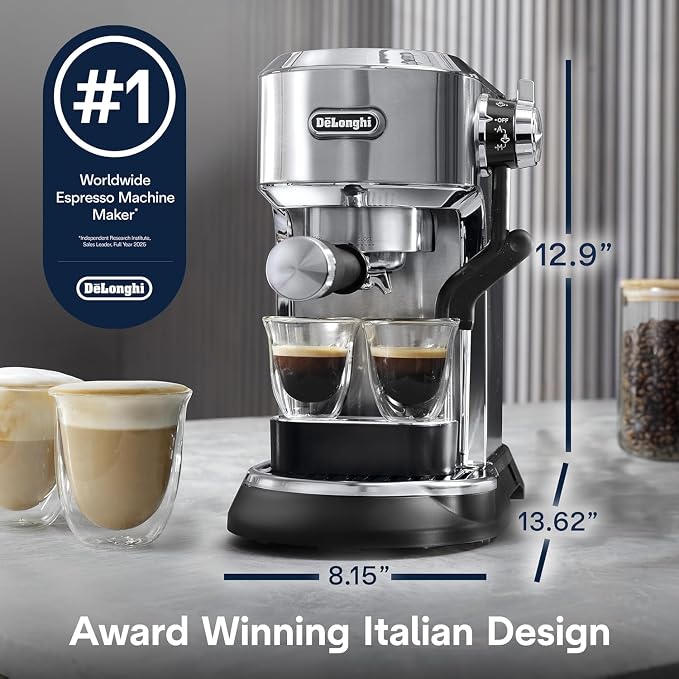 De'Longhi Dedica Maestro Plus Espresso Machine, Automatic Steam Wand, 3 Coffee Temp & Milk Foam Settings, 54oz Removable Tank, Easy-to-Clean Dishwasher-Safe Parts, Compact Stainless Steel Design - Image 2