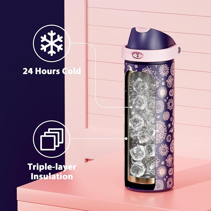 24 oz Insulated Water Bottle for Women: Meoky Stainless Steel Metal Water Bottle with 2-in-1 Straw and Spout Lid - Leak Proof, Cold for 24 Hours, Protective Silicone Base, BPA-Free for School, Arcana - Image 3