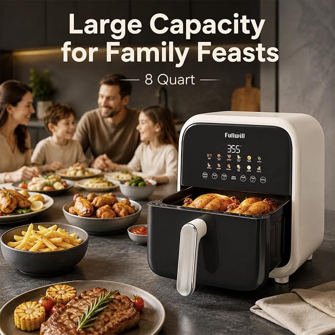Fullwill Air Fryer with Visible Window, 7.5QT,12-in-1 Multi-Function Air Fry,Roast,Bake, Dehydrate, Fries,Nonstick and Dishwasher-Safe Basket,Family&friends Party,1700W,White - Image 4
