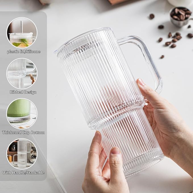 INSETLAN 24oz Ribbed Glass Tumbler with Handle & Lid – 4-Pack Large Iced Coffee Cups with Straws, Modern Glass Mug for Cold & Hot Beverages, Aesthetic Travel Cup for Smoothies, Tea, and Juice - Image 8