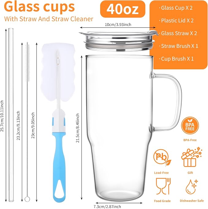 Birity 40OZ Borosilicate Glass Tumbler with Handle,Glass Cup with Lid and Straw-Reusable Iced Coffee Cup with Lid for Boba, Smoothies,Beer,Juice|Suitable for Gifts,Travel,Outdoor,Partys&Home - Image 8