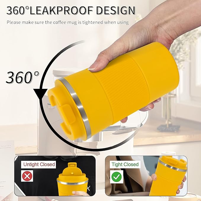 YINBAOGE Insulated Travel Coffee Mug, Spill & Leak Proof, Portable To Go Camping Stainless Steel Coffee Tumbler, Reusable Thermal Coffee Cup with Lid for Hot & Cold Drinks (Yellow, 12 OZ) - Image 4