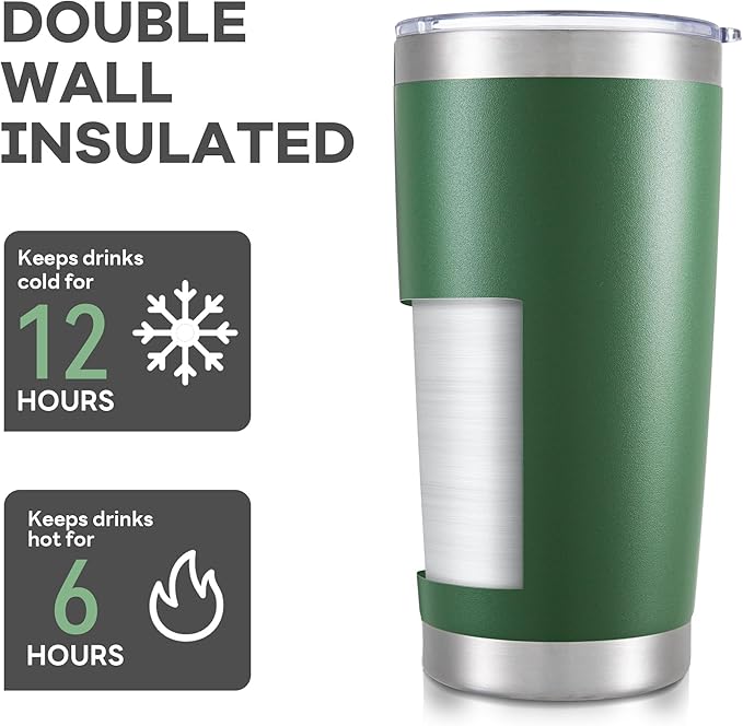 20 oz Tumbler with Lid Stainless Steel Double Wall Vacuum Insulated Tumblers Powder Coated Cups Travel Mug Keep Drinks Cold and Hot, Dark Green - Image 3