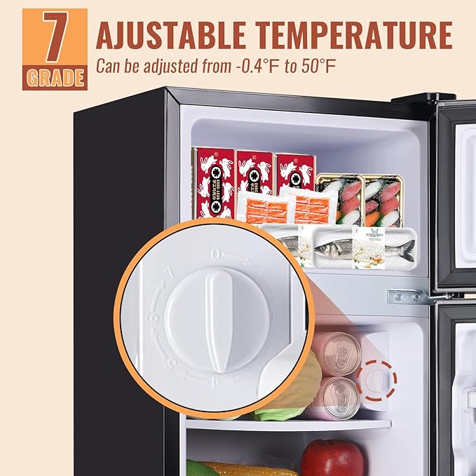 45L Mini Fridge with Double Doors Silver Small Refrigerator with Separate Freezer & 7 Adjustable Temperature Control, Tiny Size & Personal Fridge Ideal for Office Apartment Dorm - Image 5