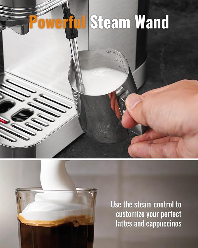 SHARDOR Espresso Machine 20 Bar, Professional Espresso Machine with Milk Frother and Touchscreen, Expresso Coffee Machines with Adjustable Temperature,for Cappuccino, Latte, Stainless Steel, Silver - Image 4