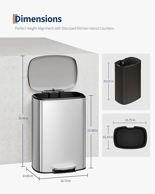 Garvee Step-on Stainless Steel Kitchen Trash Can - 13 Gal / 50 L Large Capacity - Image 4