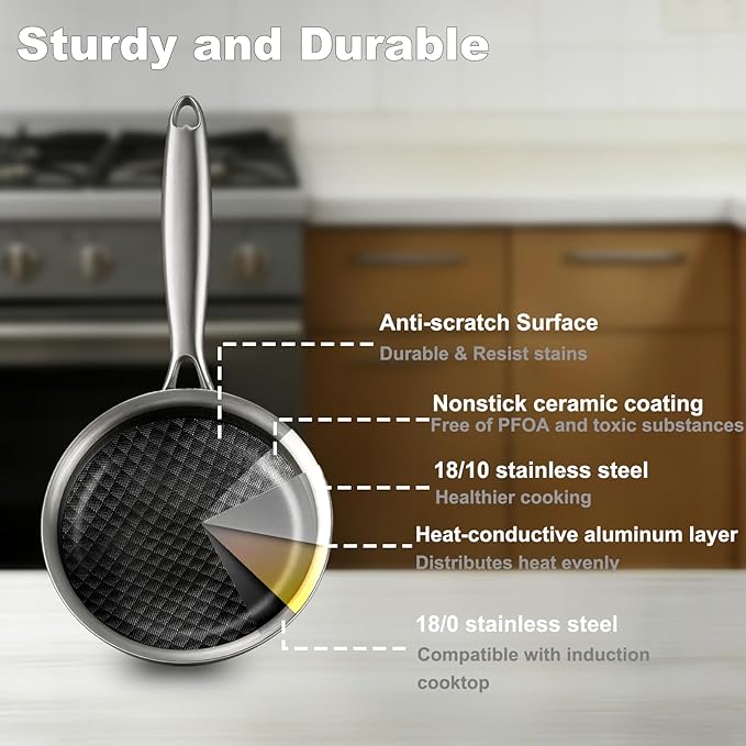 DELARLO 8 inch Tri-Ply Stainless Steel Omelette Pans Nonstick Ceramic Frying Pan - Image 2